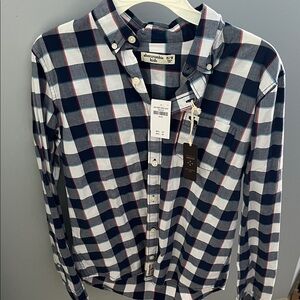 NWT Abercrombie Kids Navy and White Checkered Shirt Size 15/16